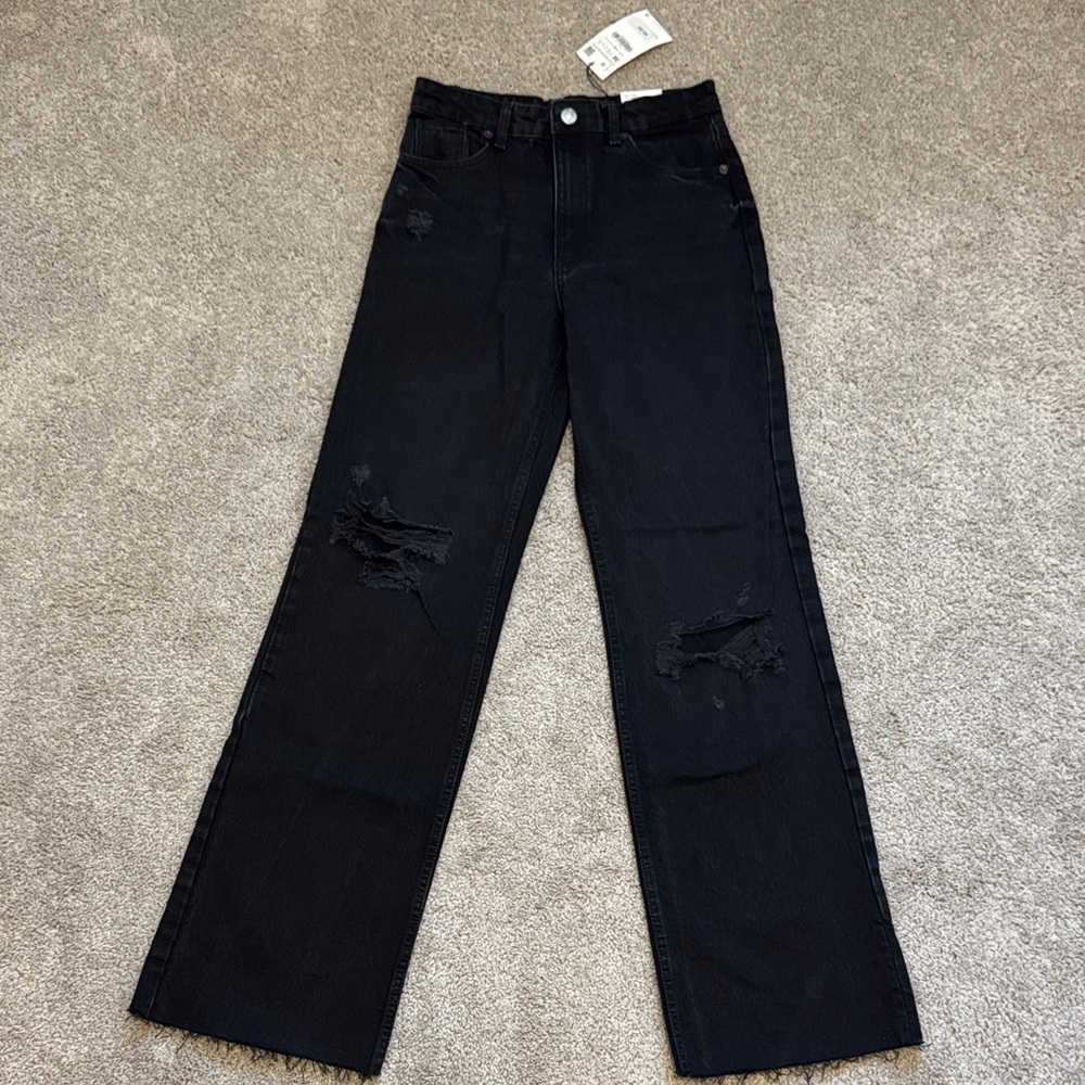 ZARA Women's High Rise Wide Leg Black Distressed Jeans